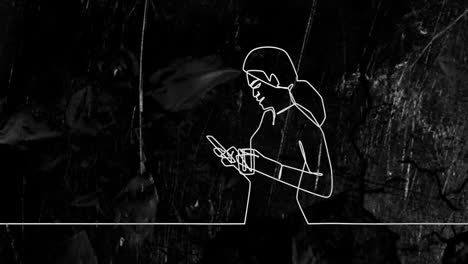 outline of woman using smartphone animation over dark forest background