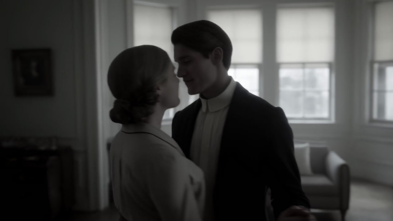 Black And White Couple Dancing Intimately, Soft Morning Light Through Wide Windows, Woman In Period Dress, Man