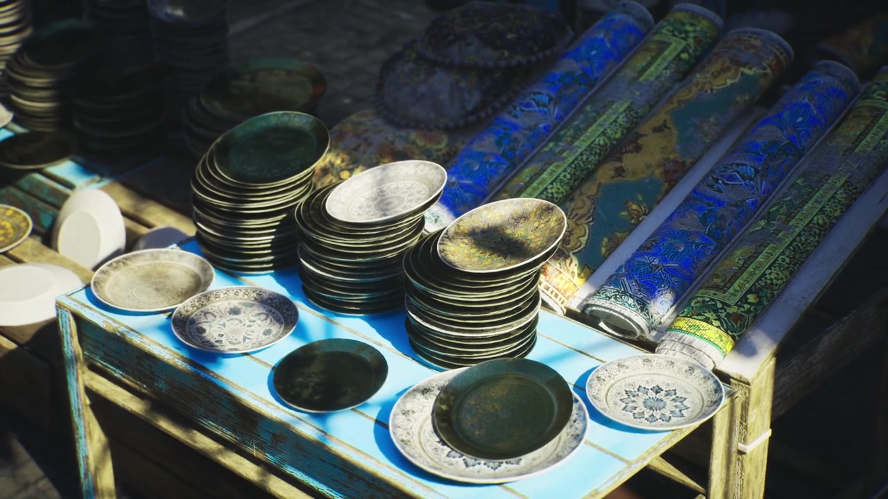 Sundrenched souk stall featuring ceramic ware and vibrant patterns