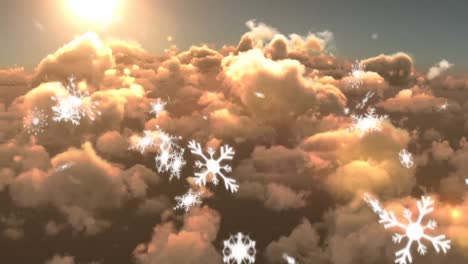 Copos-De-Nieve-Cayendo-Contra-El-Sol-Brillante-Y-Las-Nubes-En-El-Cielo