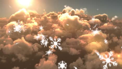 copos de nieve cayendo contra el sol brillante y las nubes en el cielo