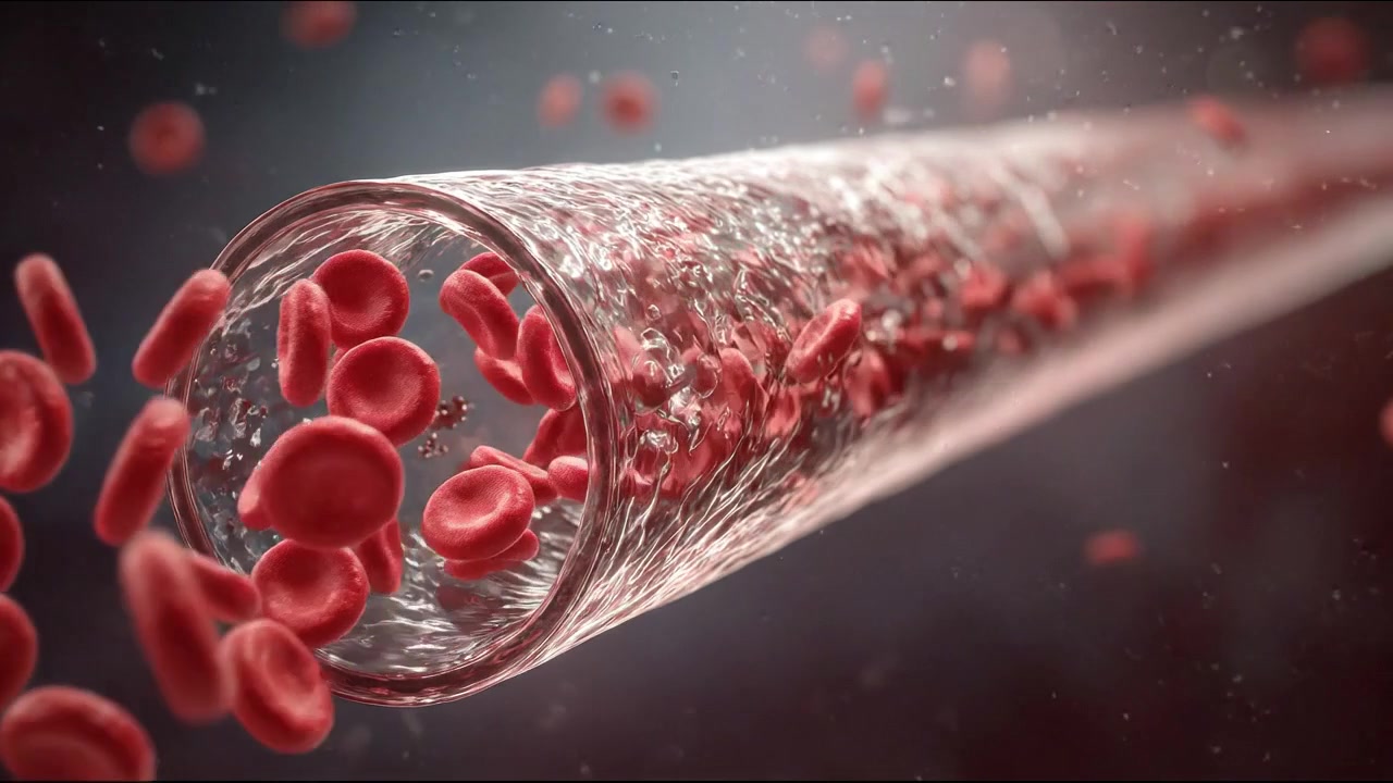 Red Blood Cells Flowing Through a Transparent Medical Blood Vessel in Detailed Scientific Footage