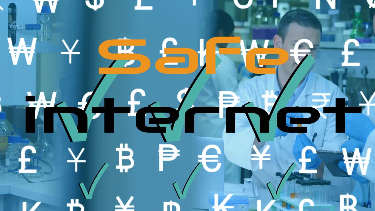 研究室の多様な科学者の上に、安全なインターネットのテキストと通貨記号のアニメーション