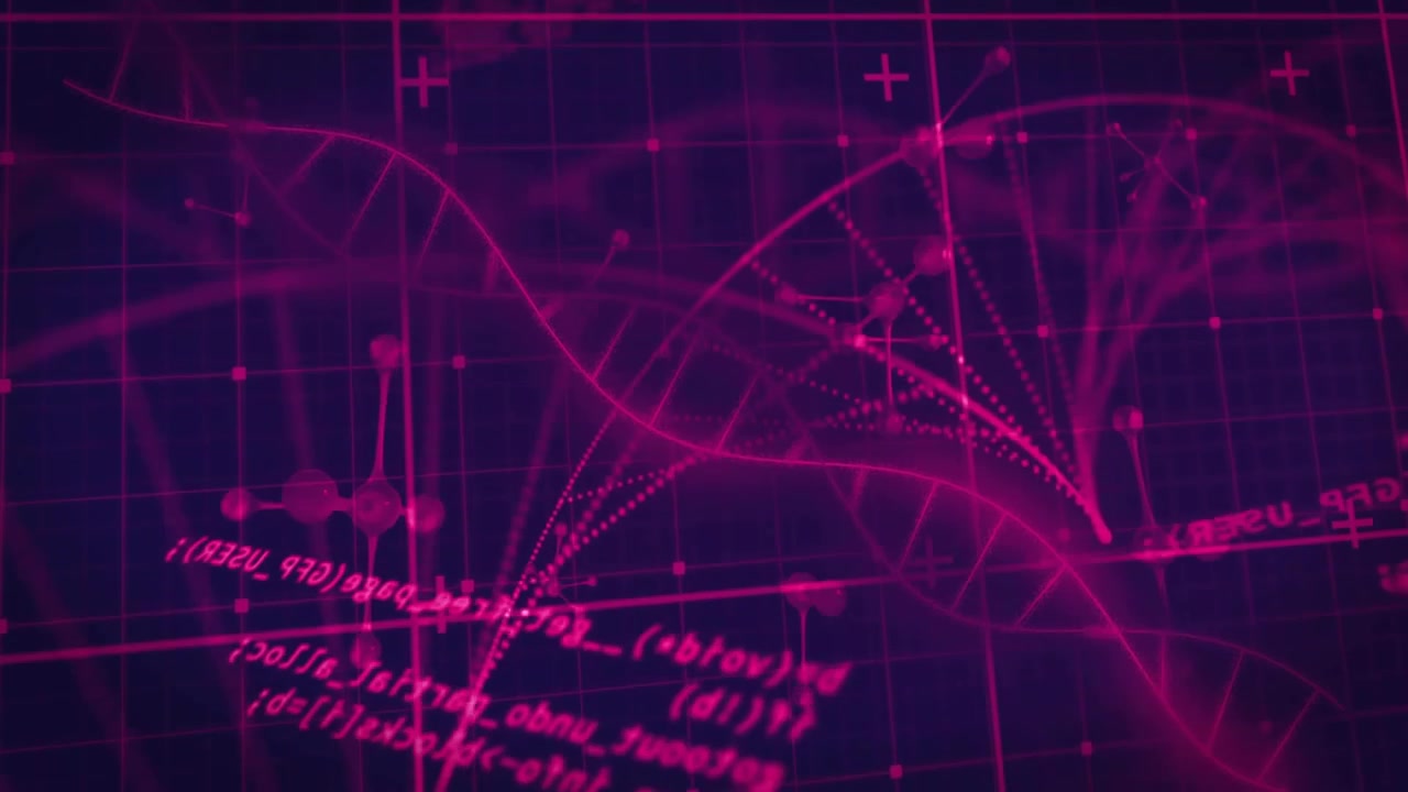 Data feed starting, glowing DNA helix sliding across grid, code mapping nodes into genomic network