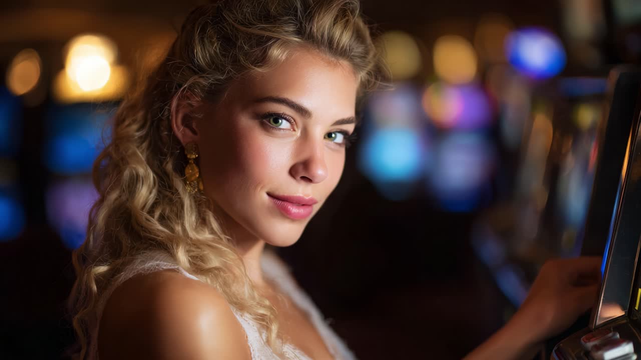 A Woman's Glance at the Slot Machine, Capturing the Essence of Anticipation and Excitement in a Vibrant Casino Atmosphere Vibrating with Lights and Life