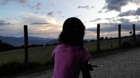 Close-up-shot-of-a-young-girl-pushing-her-bike-along-a-rural-dirt-road