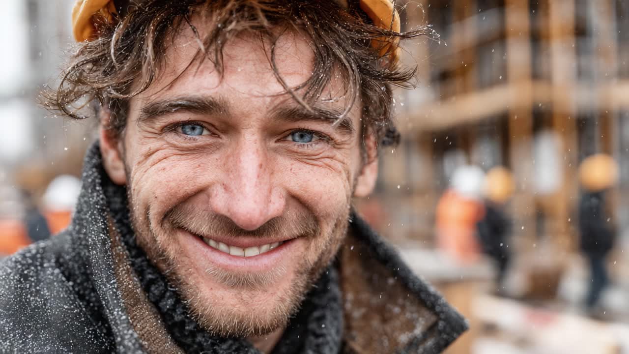 Ein engagierter Bauarbeiter, der inmitten einer verschneiten Baustelle freudig lächelt und Arbeit, Widerstandsfähigkeit und Teamgeist in einer industriellen Umgebung demonstriert