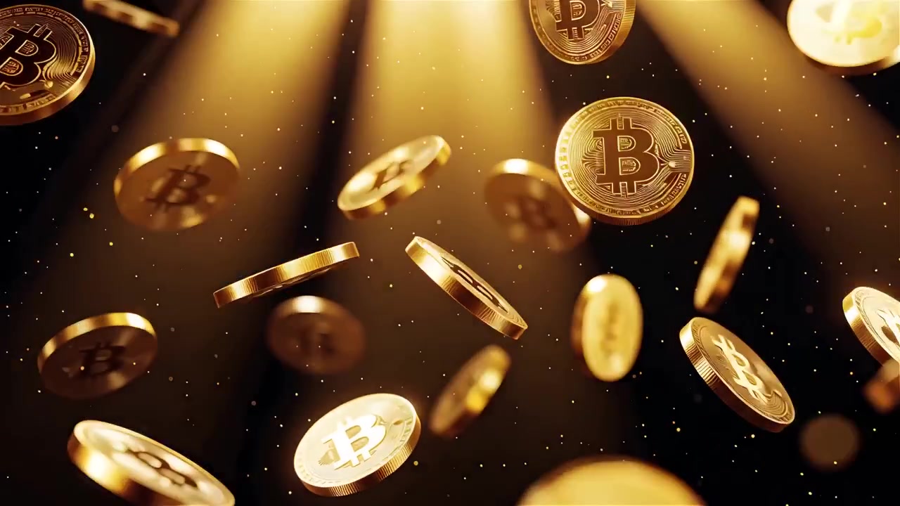 Bitcoin in rotazione su sfondo nero drammatico 4k