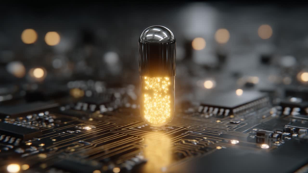 En glødende kapsel dukker op fra et kredsløbskort, som symboliserer skæringspunktet mellem teknologi og medicin i et futuristisk landskab af innovation og potentiale