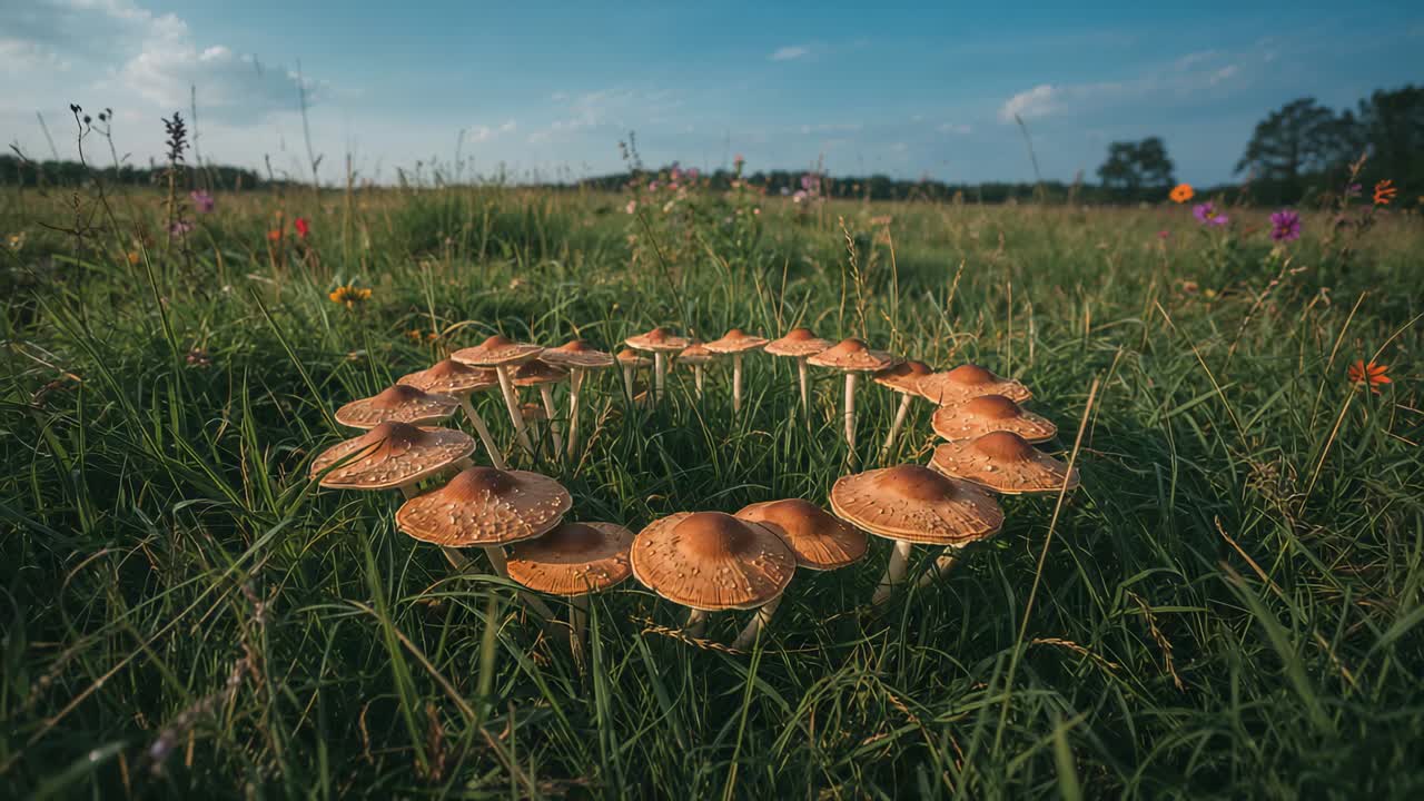 Pulling back camera revealing circular cluster of brown-orange mushrooms in grassy meadow, sunlight