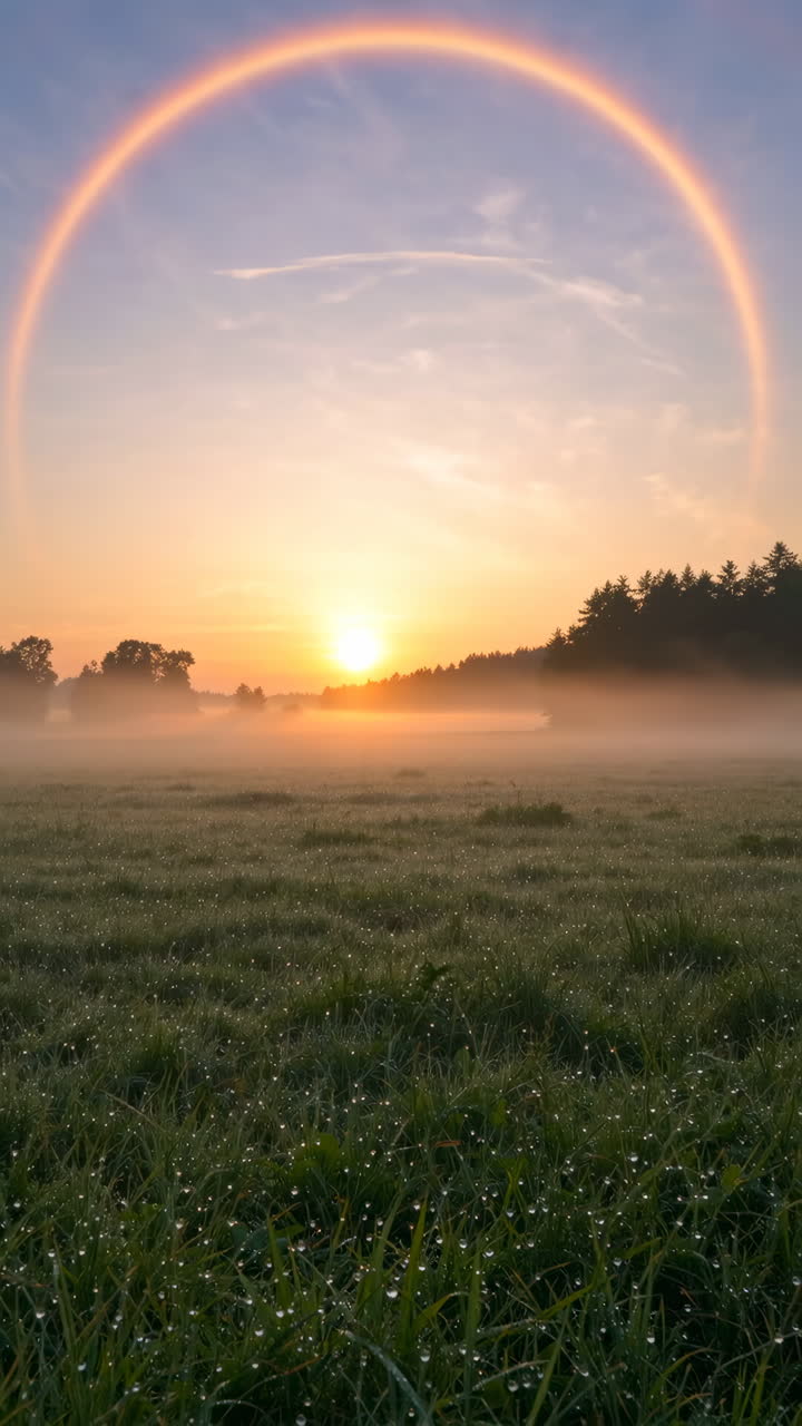 Fog bow over a misty field at sunrise