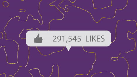 animation of likes text and numbers with thumbs up on banner over yellow lines on purple background