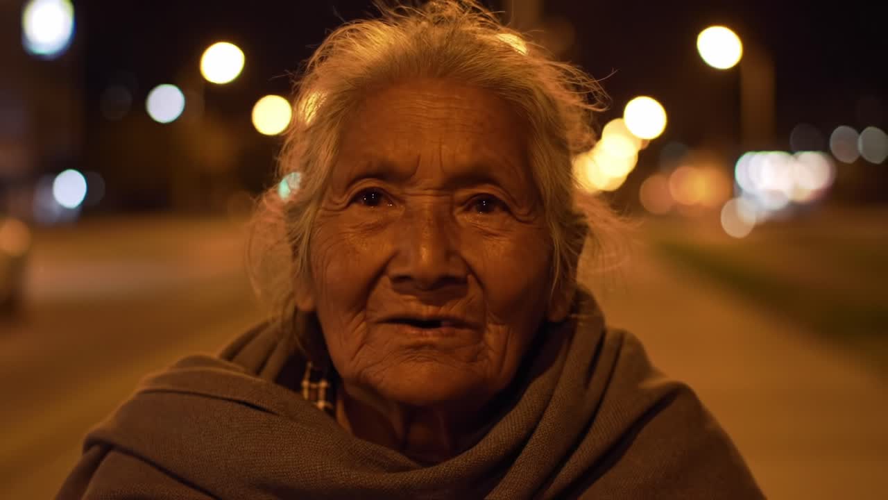 Un ritratto toccante di resilienza: un'anziana signora guarda pensierosa nella notte, mostrando la bellezza e la forza delle generazioni in un paesaggio urbano scintillante