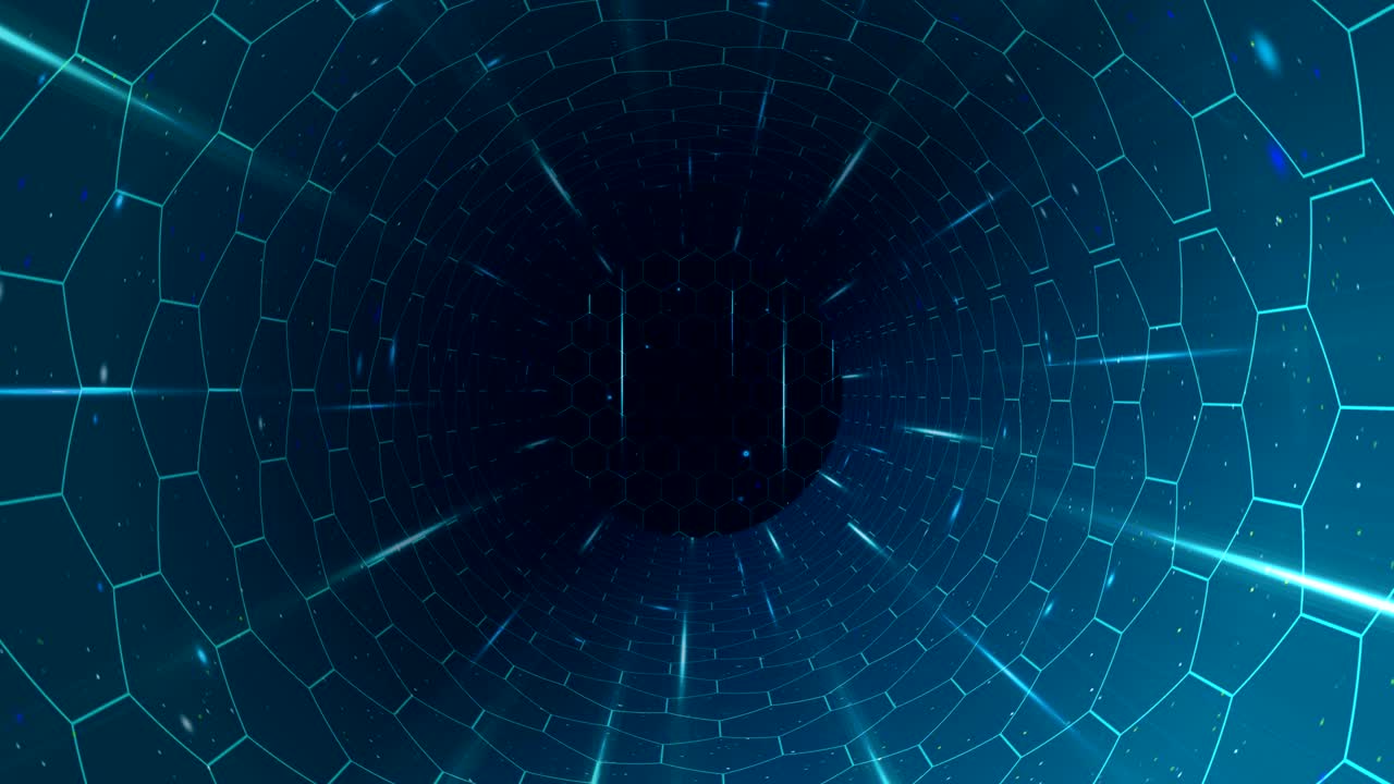 túnel de rotación futurista azul con hexágonos y rayos de luz