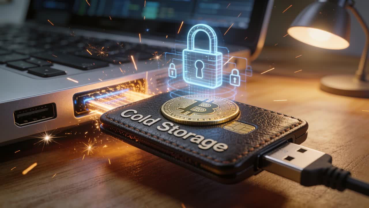 Sparking USB, Cold-Storage wallet plugging into laptop at desk, hologram padlock securing Bitcoin
