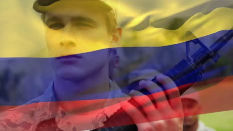 animación de la bandera de colombia sobre varios soldados varones