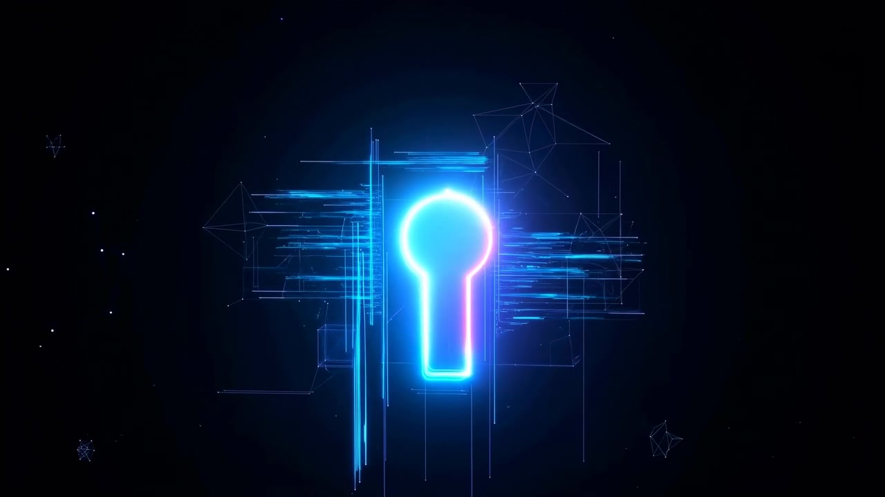 Ojo de cerradura de neón brillante con núcleo cian y borde magenta que se ilumina a medida que las estelas de luz circundantes se expanden, estiran y fluyen a través de un espacio digital oscuro, sugiriendo acceso seguro, energía y un ambiente futurista.