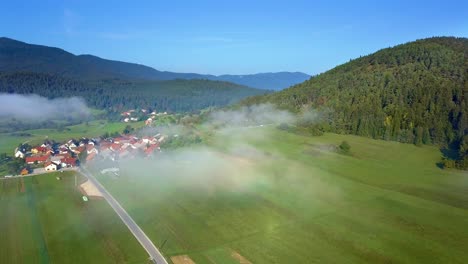 descripción aérea de la zona residencial en las montañas con praderas verdes y bosques