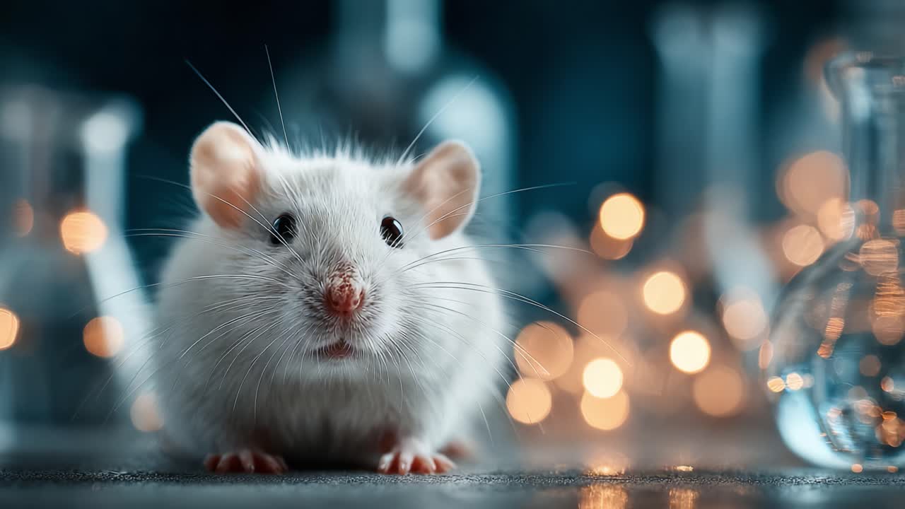 Esplorazione ravvicinata di un topo bianco da laboratorio in un ambiente scientifico, che ne mostra le caratteristiche uniche e la curiosità su uno sfondo bokeh sfocato