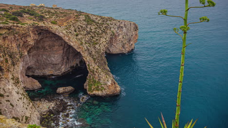 Blaue-Grotte---Natursteinbogen-Mit-Meereshöhlen-Und-Agavenpflanze-In-Qrendi,-Malta