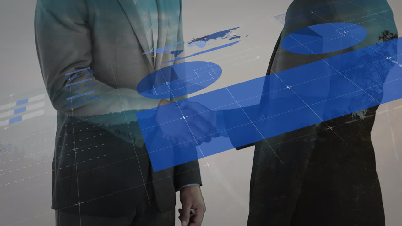 animación de estadísticas y procesamiento de datos sobre el apretón de manos de un empresario