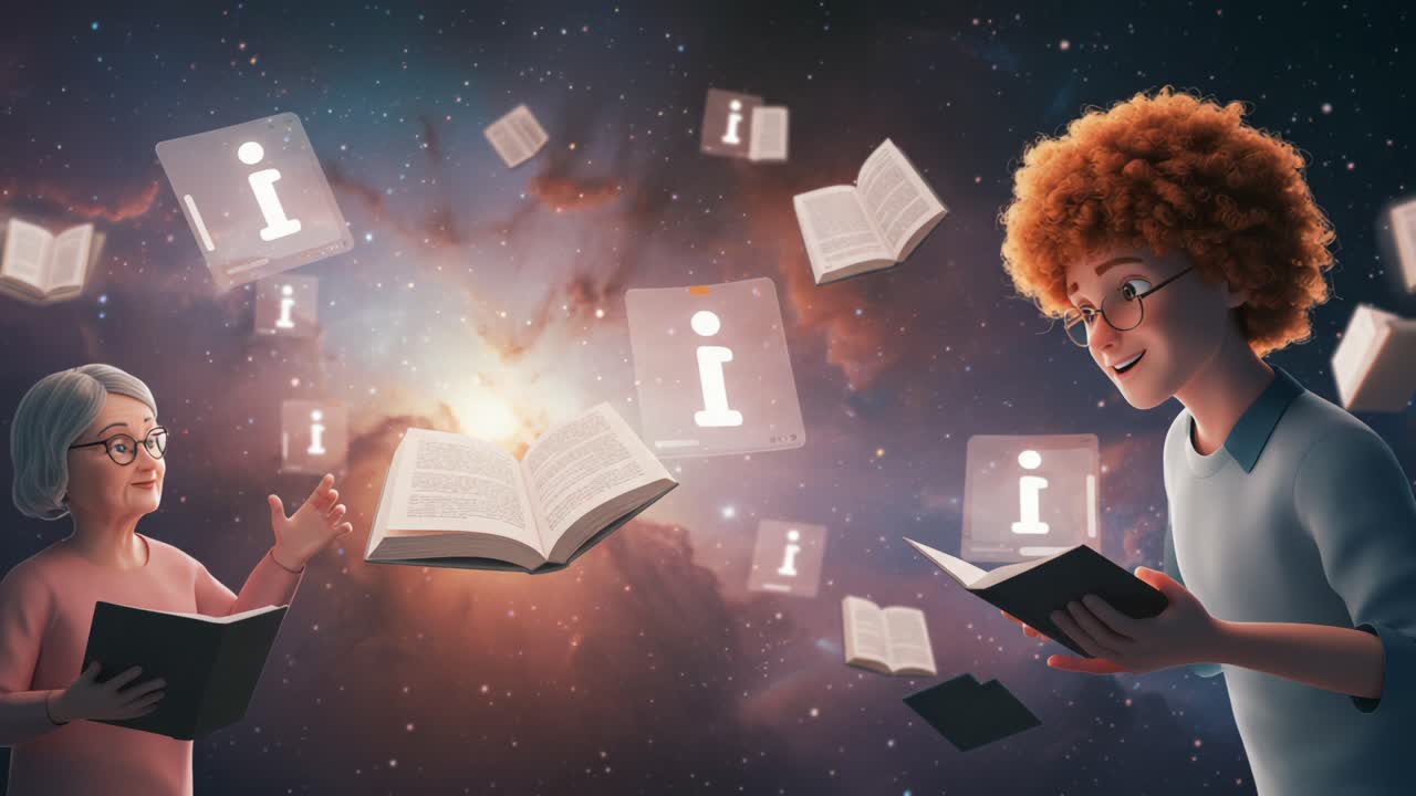 A Journey Through Knowledge: Two Characters Engage in a Cosmic Exploration of Ideas and Information, Surrounded by Floating Books and Symbols in a Starry Galaxy