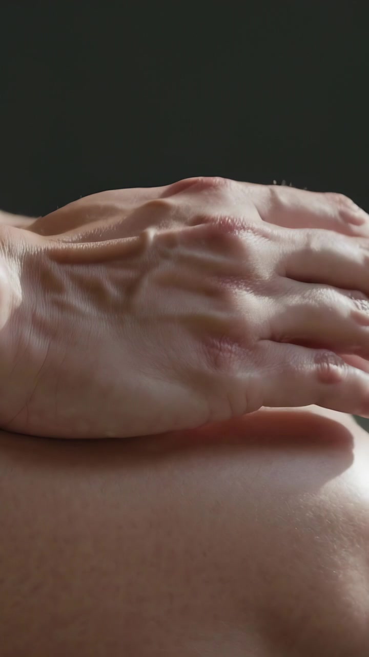 Video verticale: Dopo il contatto iniziale, una mano adulta scivola e preme sulla schiena nuda su un letto per cure.