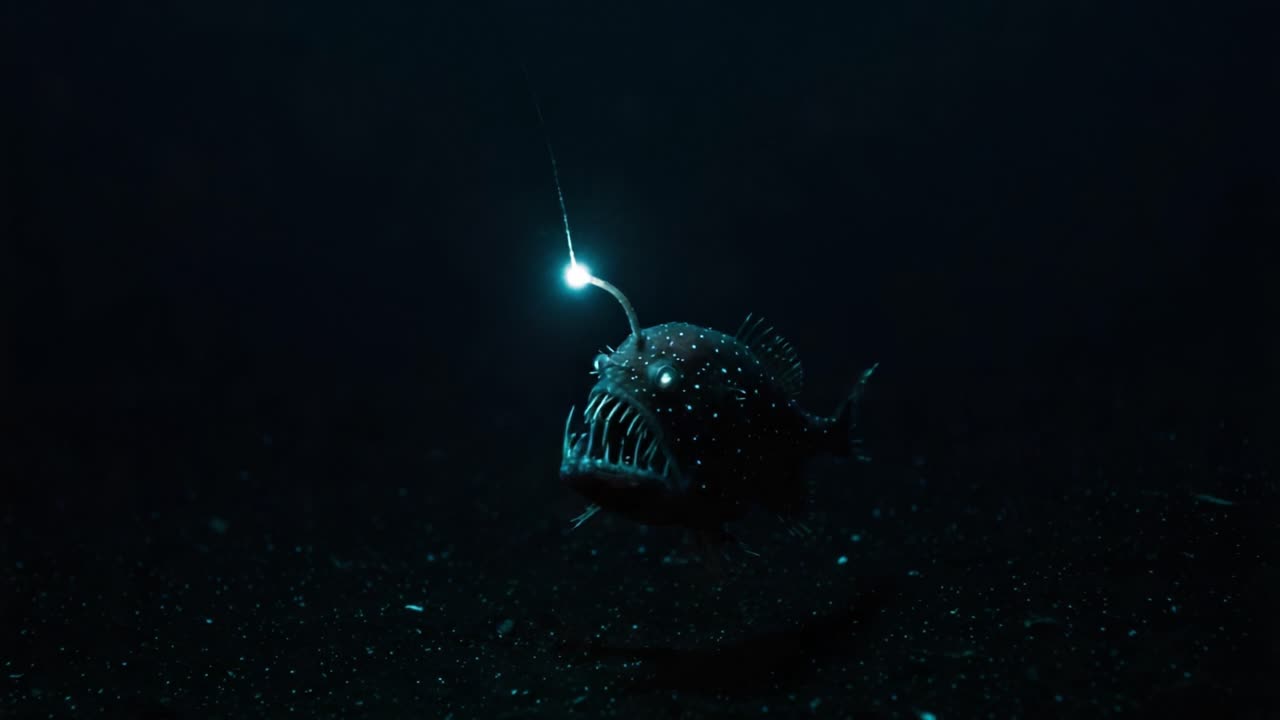 An illuminated anglerfish glides through the dark depths of the ocean, showcasing its bioluminescent lure and fierce predatory features in a captivating underwater scene