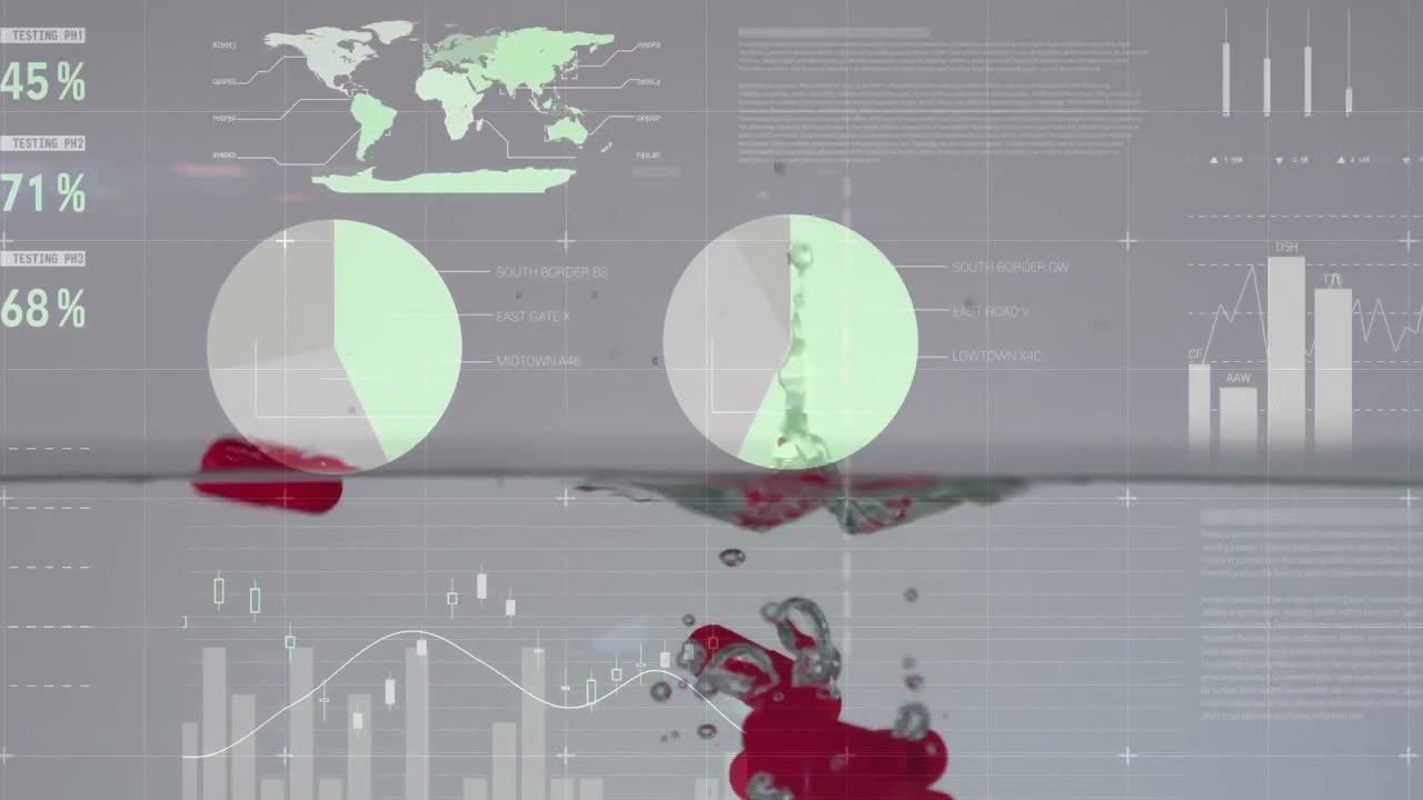 animación de diagramas flotantes, círculos, mapa del mundo y procesamiento de datos sobre píldoras que caen