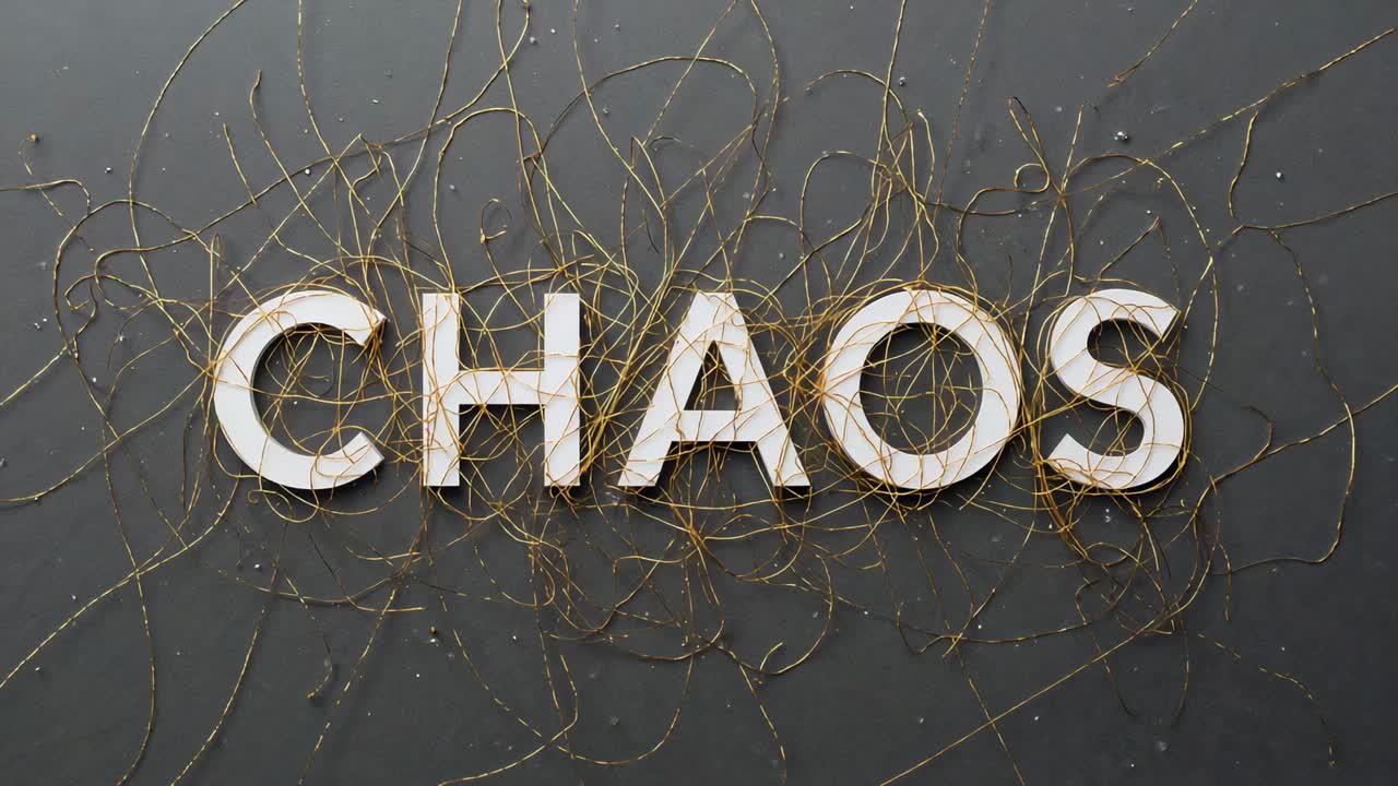 Shifting gold wire tendrils responding to brief light flare around CHAOS letters on dark panel