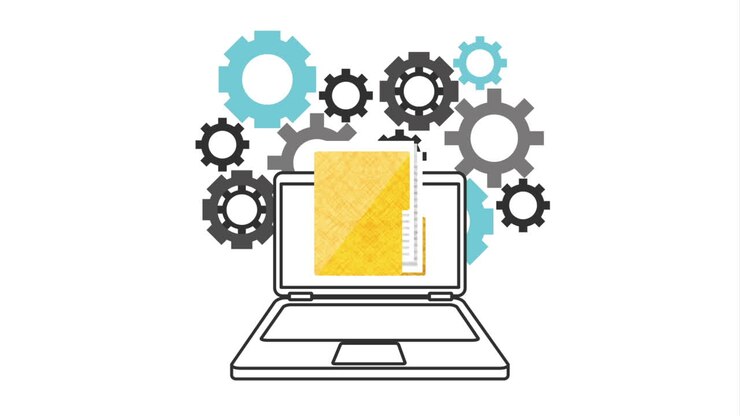 Laptop with Folder and Gears