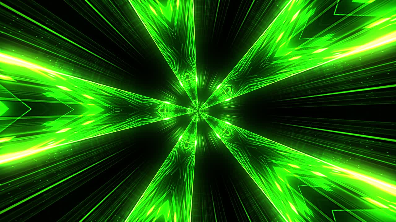 Fondo abstracto de neón verde con luz estelar cambiante, en bucle continuo. Animación 4K. Hermosa estrella verde lima brillante con movimiento de rotación sobre fondo negro. Fondo de rotación de estrella con líneas de neón degradadas tipo caleidoscopio
