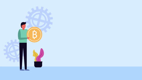 comercio electrónico de bitcoin con animación de hombre de negocios