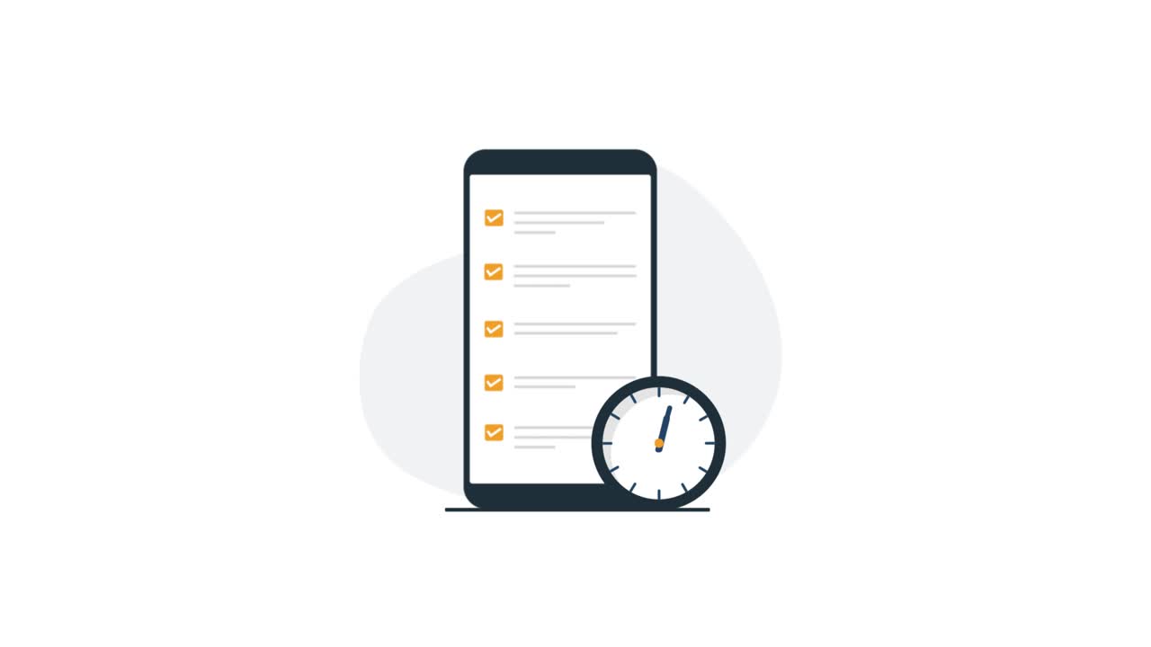 Smartphone animato con checklist e orologio per la gestione del tempo
