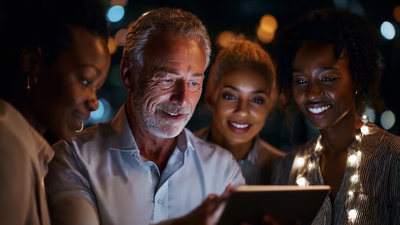 A Diverse Group Enjoying Quality Time Together, Engaged Around a Tablet, Sharing Laughter and Connection in a Warm Atmosphere Filled with Soft Lights and Smiles, Capturing a Moment of Joy