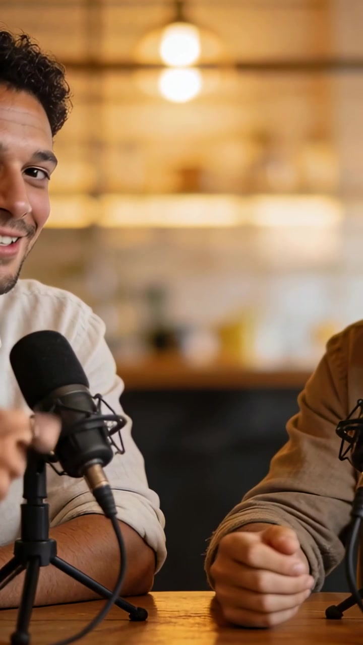 Video verticale: Registrazione di un podcast, due co-conduttori con camicie chiare e beige in studio che parlano nei microfoni.