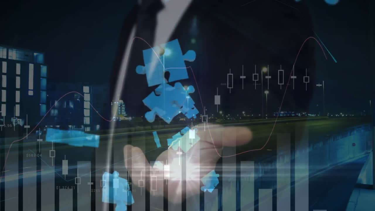 animación de piezas de rompecabezas sobre empresario utilizando interfaz y procesamiento de datos