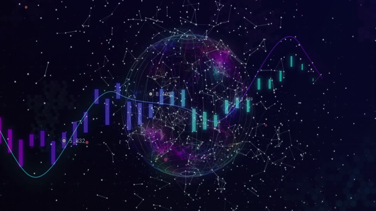 animación del procesamiento de datos financieros con globo y conexiones en fondo negro.
