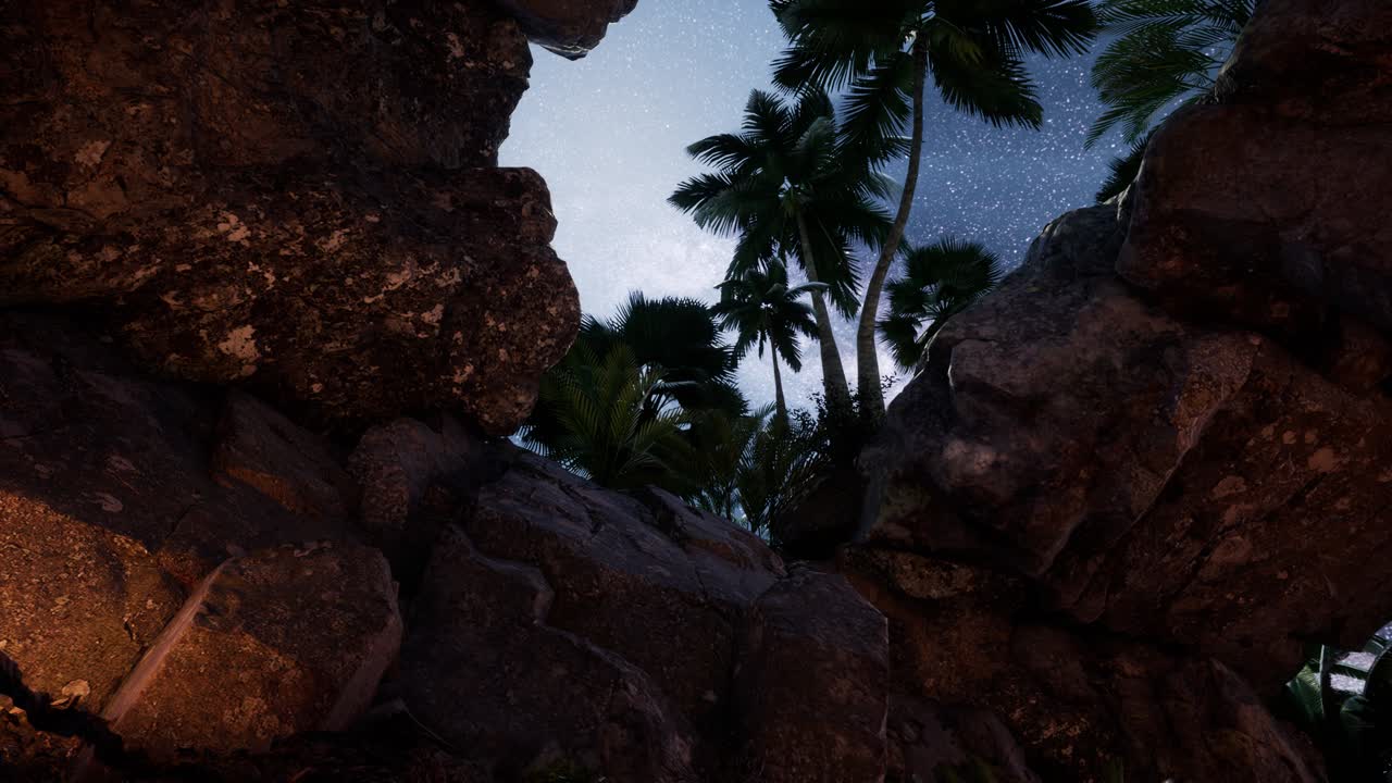 rutas estelares de hiperlapso de 4k sobre paredes y palmeras de cañones de piedra arenisca