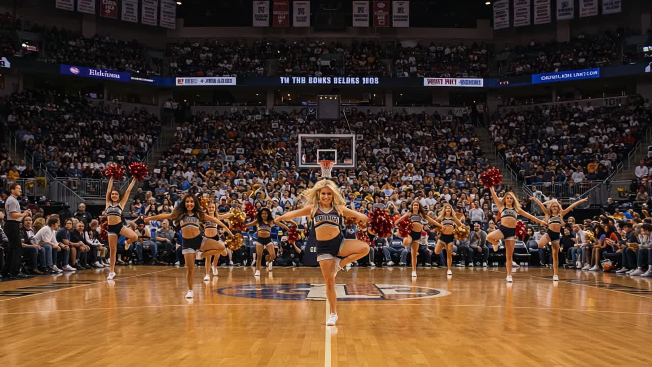 Energetic Cheerleaders Performing at an Exciting Sports Event, Captivating the Audience with Their Synchronization and Enthusiasm