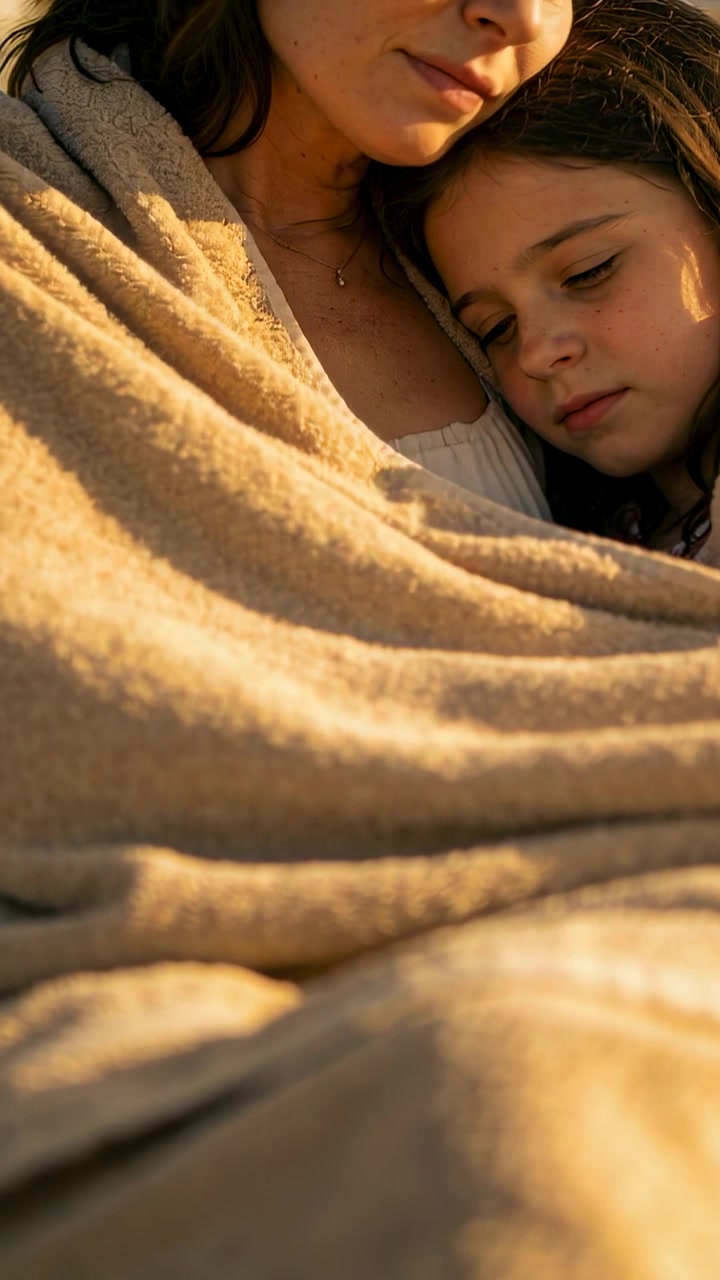 Video verticale: Madre che culla e consola il bambino sul divano sotto la calda luce del sole, con una coperta beige.