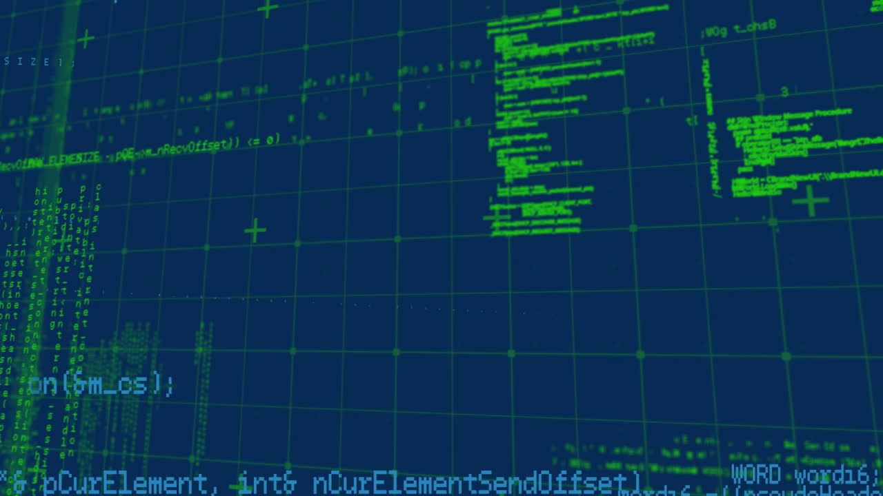Animation of data processing over grid on blue background