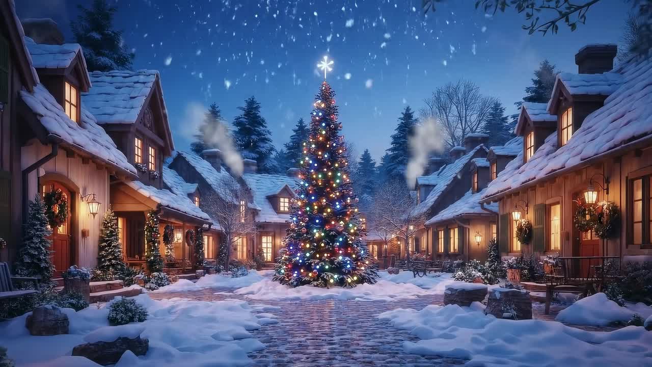 Festive village scene with snow, shot at eye level. Perfect for a holiday video backdrop. Live
