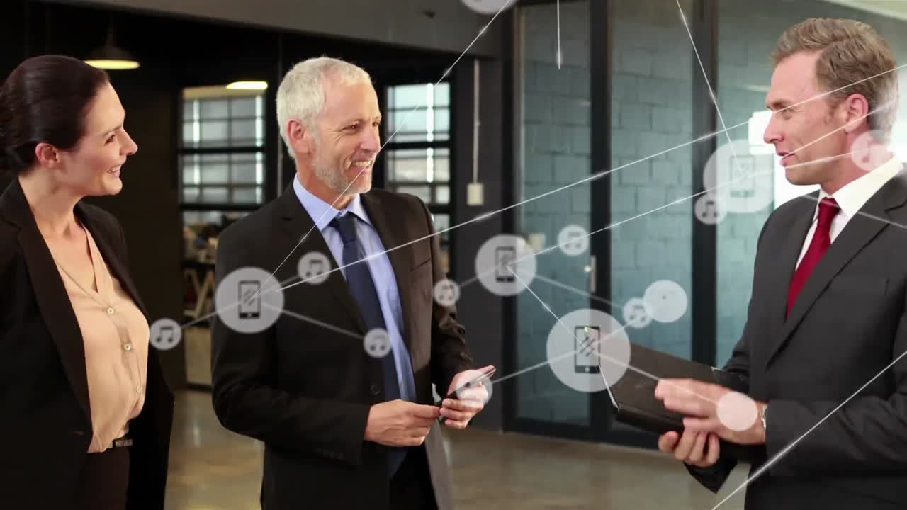 사무실에서 함께 토론하는 사업가들에 대한 디지털 아이콘 네트워크의 애니메이션