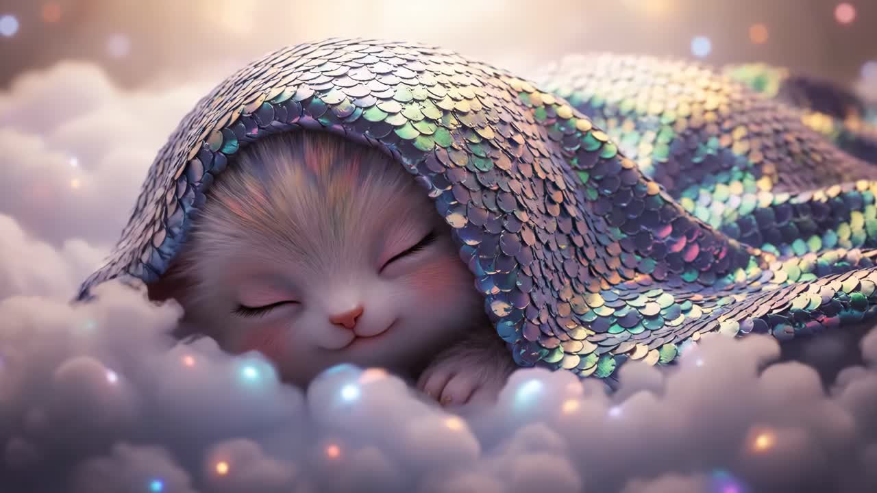 Cute Kitten Sleeping Under a Sparkling Blanket