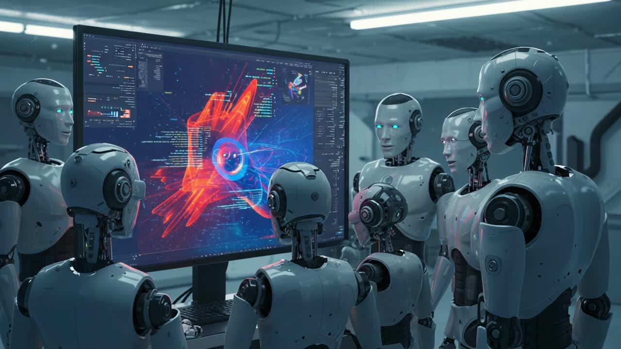 A group of advanced humanoid robots gathers around a high-tech monitor displaying intricate data visualization, highlighting their collaborative engagement with cutting-edge technology