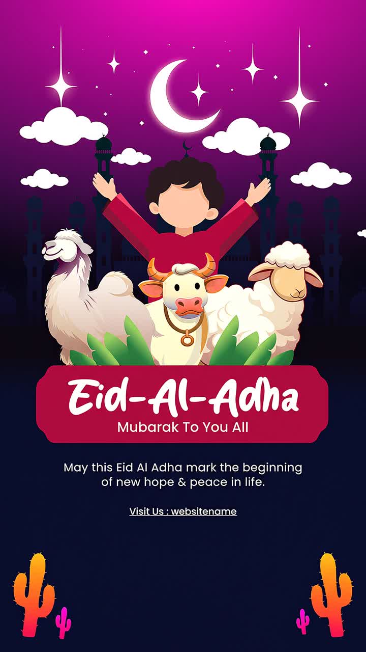 Animazione di una storia di celebrazione notturna dell'Eid al-Adha con un bambino che alza le mani accanto a una pecora, una mucca e un lama, in un'atmosfera luminosa.