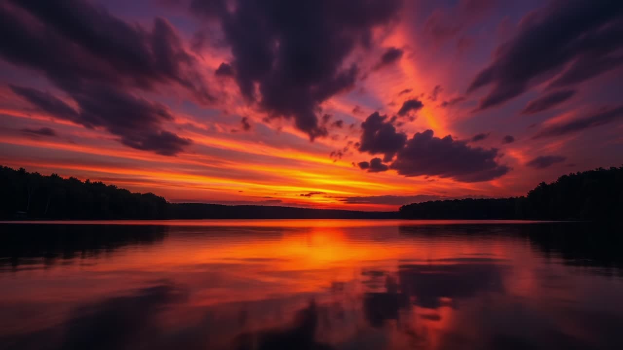 A breathtaking sunset over a serene lake, showcasing a vivid palette of colors from deep orange to purple as the sun dips below the horizon, reflecting beautifully on the water's surface