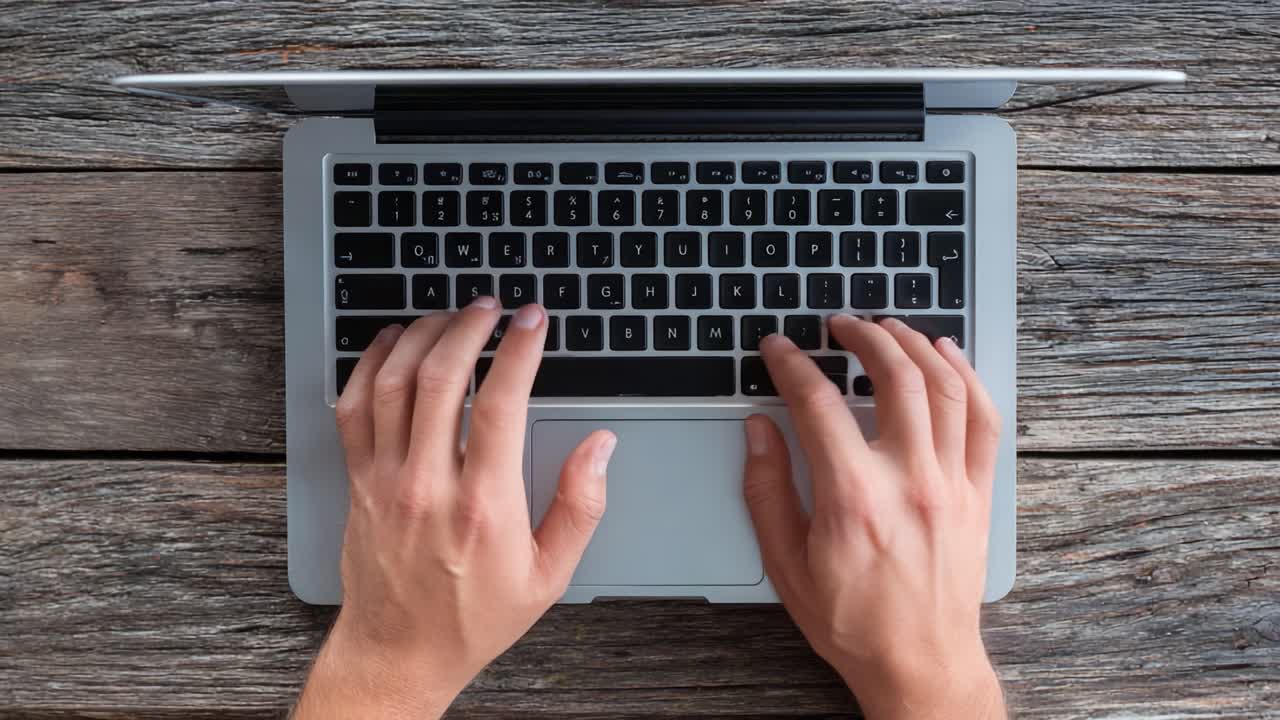 Focused Hands Typing on a Silver Laptop Keyboard Against a Rustic Wooden Background, Capturing the Essence of Modern Technology and Creativity