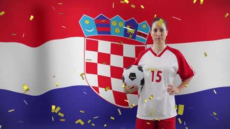 animation of caucasian female soccer player over flag of croatia